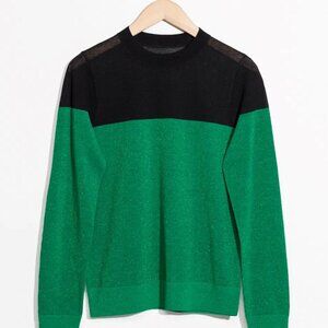 & Other Stories Green and Black Sweater Metallic Colorblocked Holiday